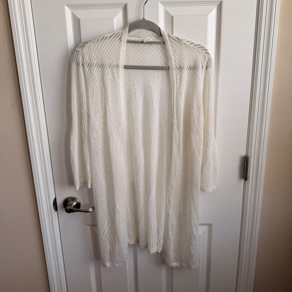 Charter Club Womens Ivory White Pointelle Knit Open Front Cardigan Size M Ramie